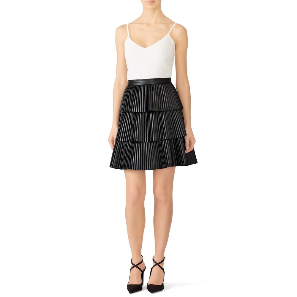 NHA KHANH High Rise Faux Leather Tiered Pleated Demi Skirt Black Size 4 $325